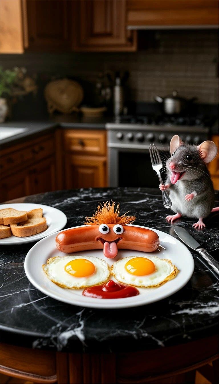 Мышь на кухне держит вилку перед тарелкой с яйцами и сосиской с улыбкой.
