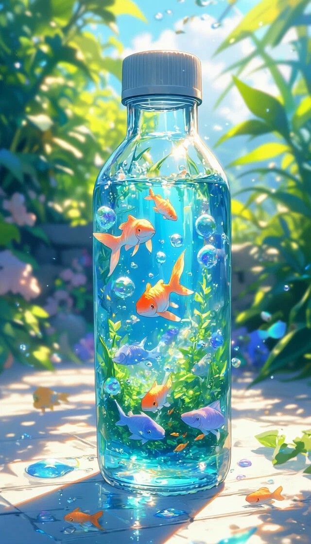 Стеклянная бутылка с водой и разноцветными рыбками внутри на солнечном фоне сада
