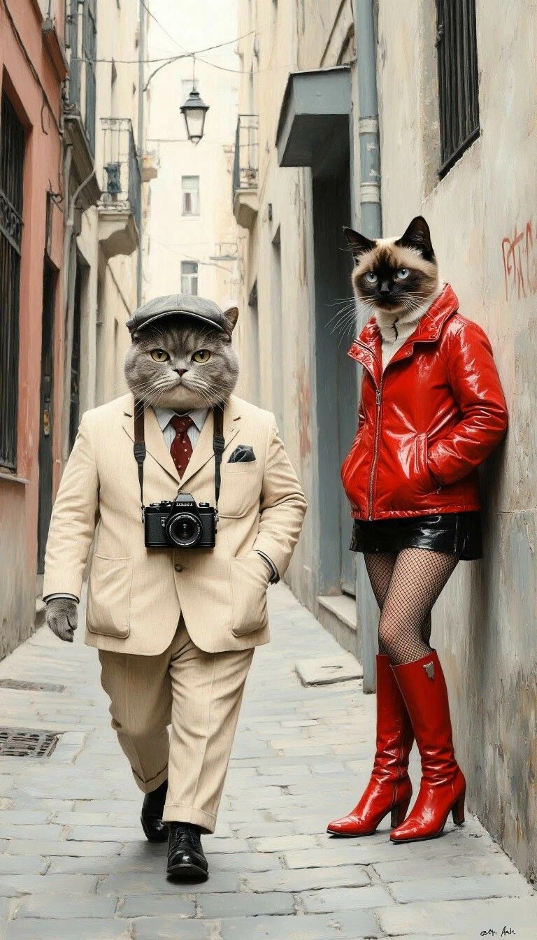 Два кота в костюмах на улице: один в бежевом костюме с камерой, другой в красной кожаной куртке и сапогах.