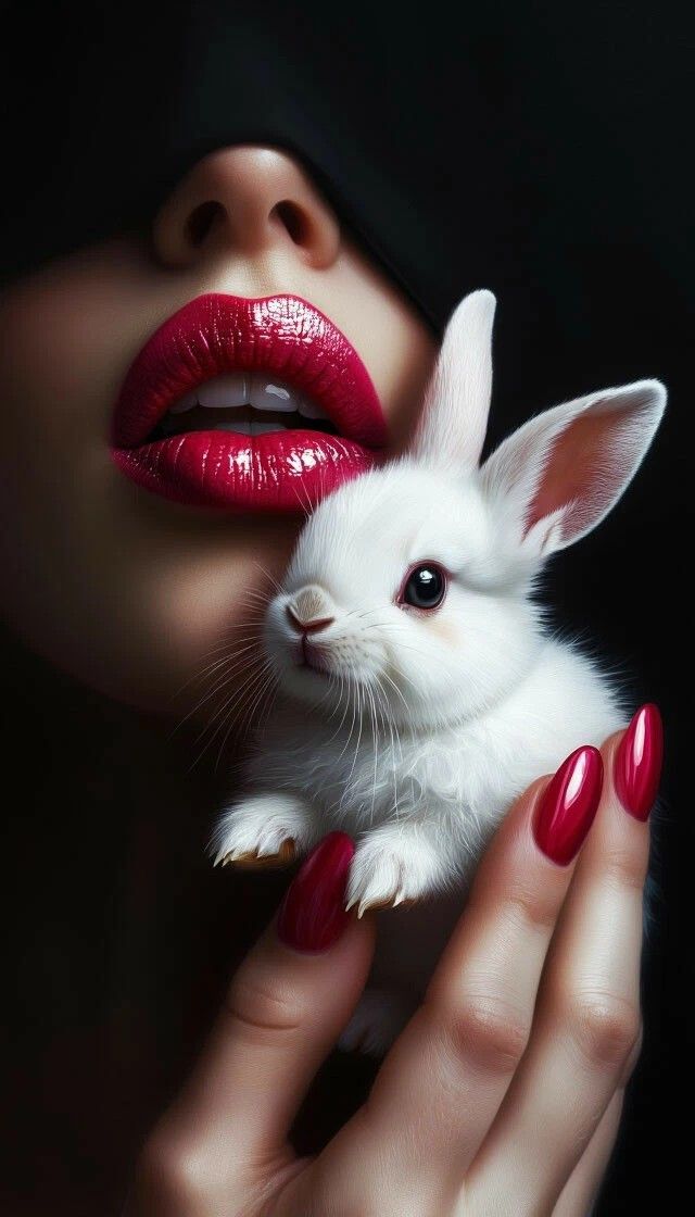 Белокурая девушка с ярким макияжем держит белого кролика на фоне тёмного фона.