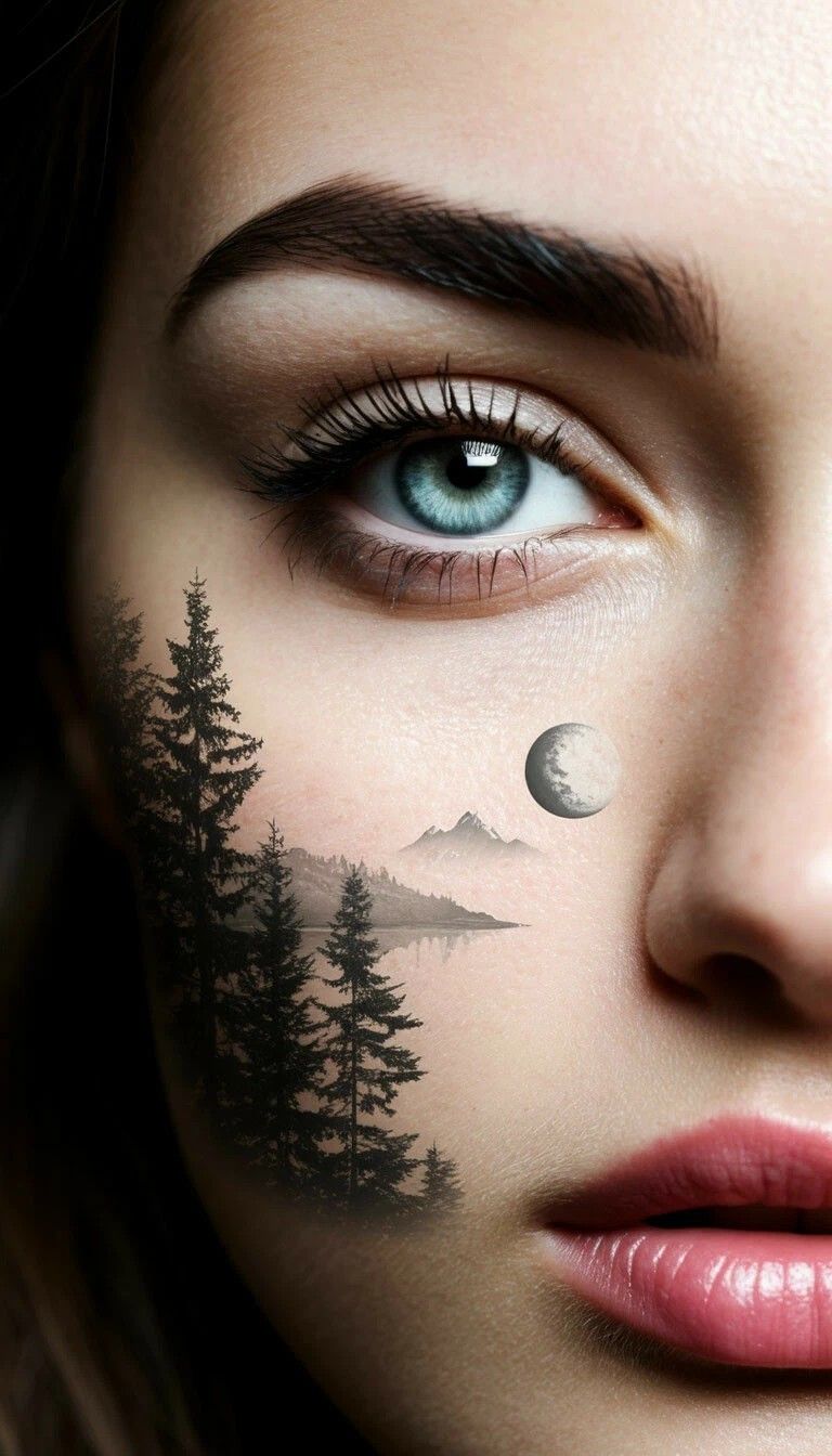 Крупный план лица женщины с татуировкой в виде леса и луны на щеке