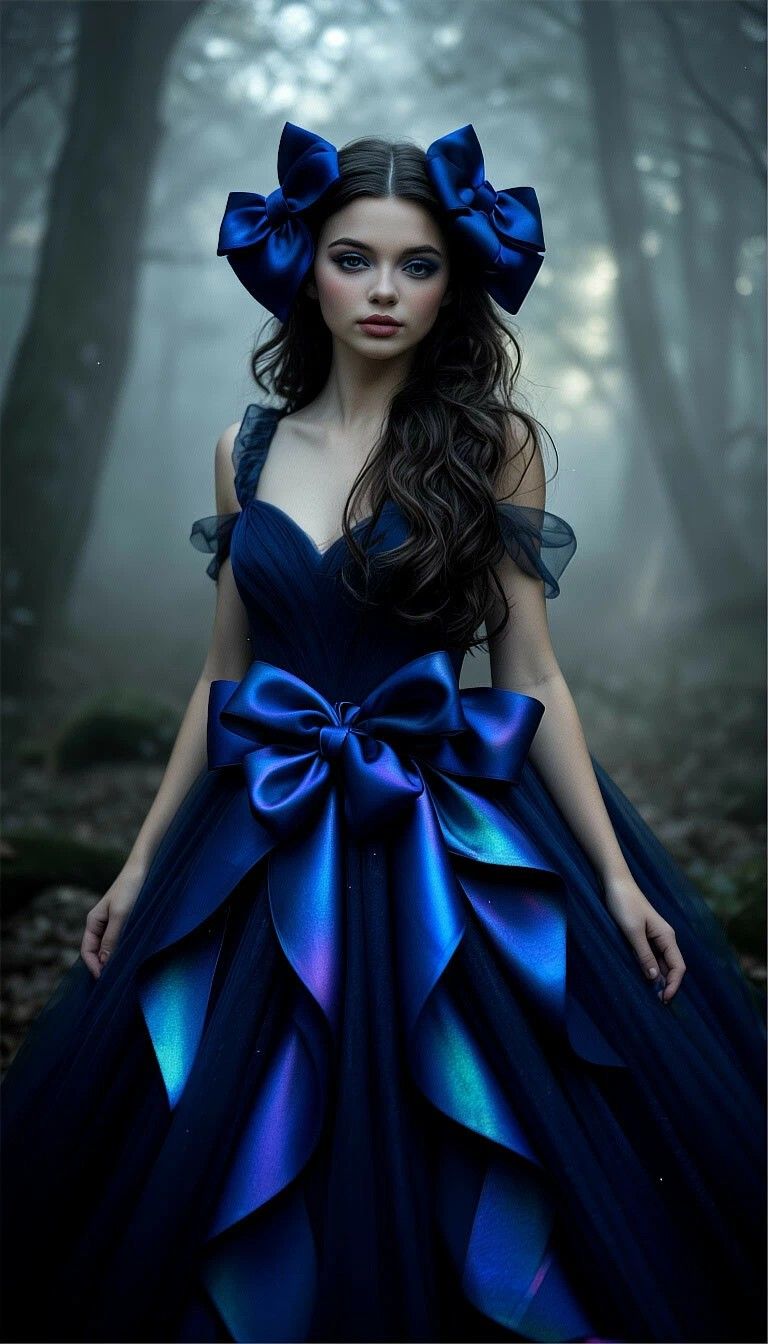 Девушка в синем платье с большими бантами стоит в лесу.