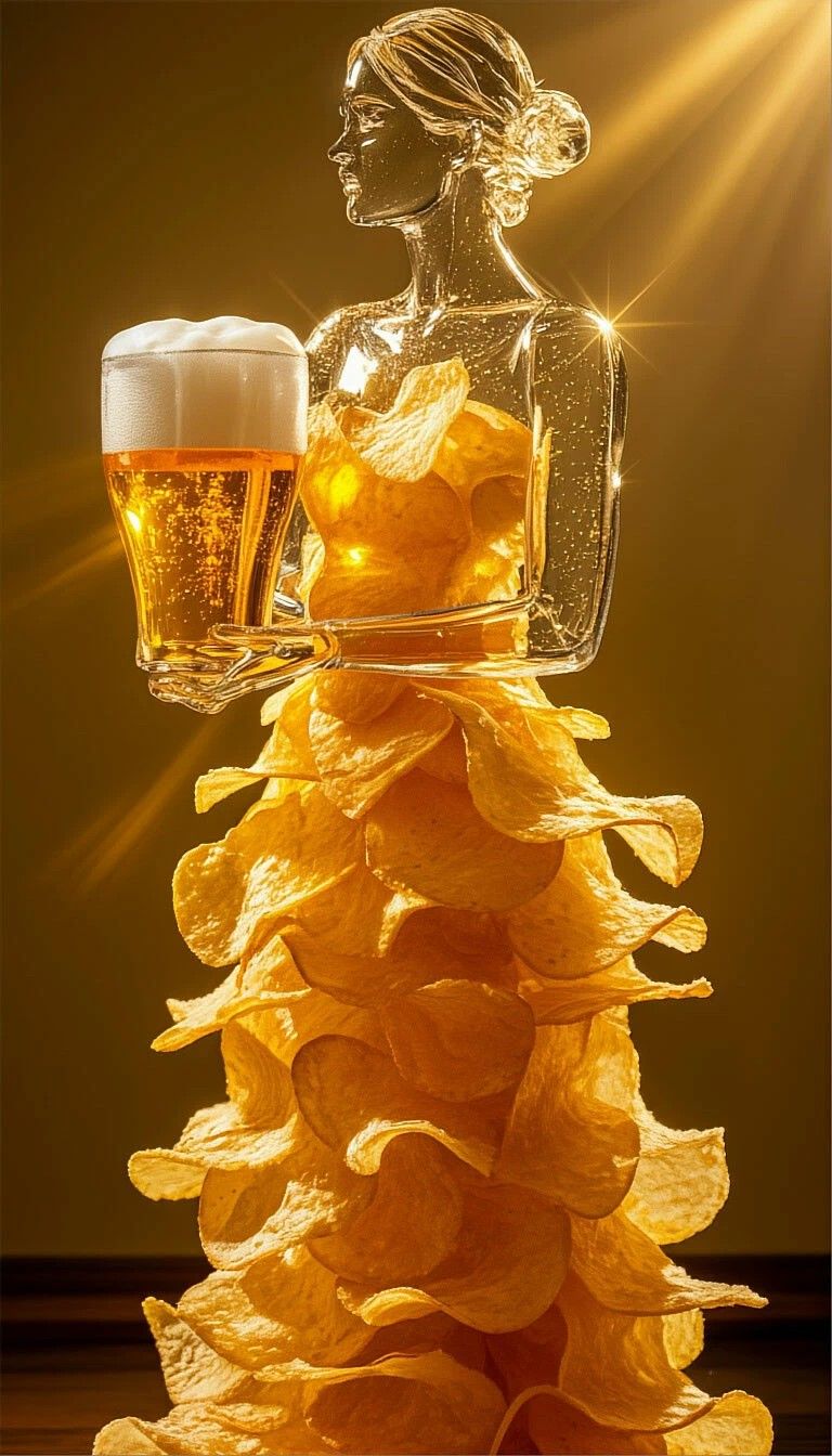 Фигура из стекла в платье из чипсов держит бокал пива