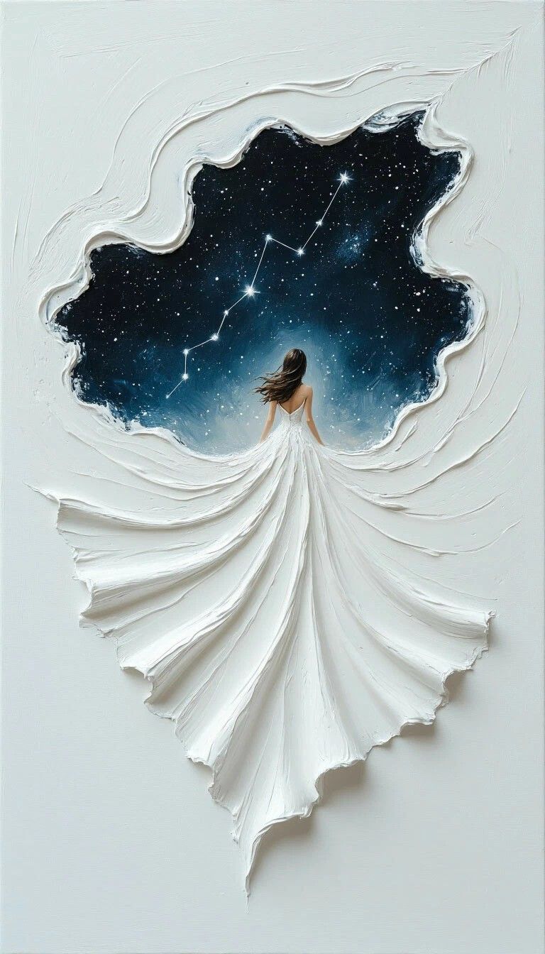 Женщина в белом платье выходит в звёздное небо через трещину в стене.