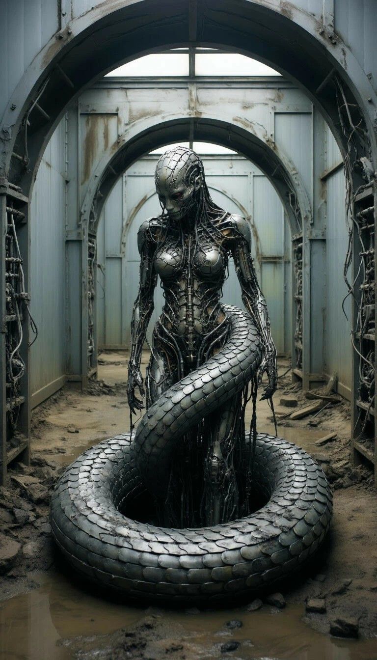 Кибернетическая женщина-змея в разрушенном туннеле.