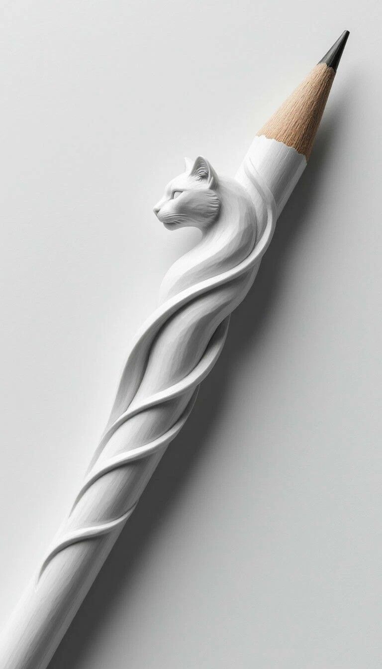 Художественный карандаш: кот обвивает грифель вокруг самого кончика.
