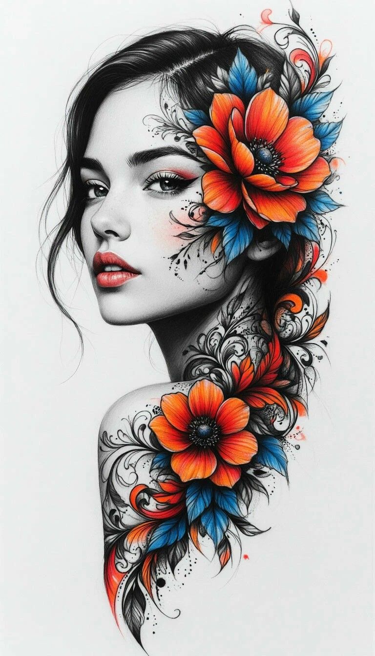 Портрет женщины с яркими цветами в волосах и декоративными узорами