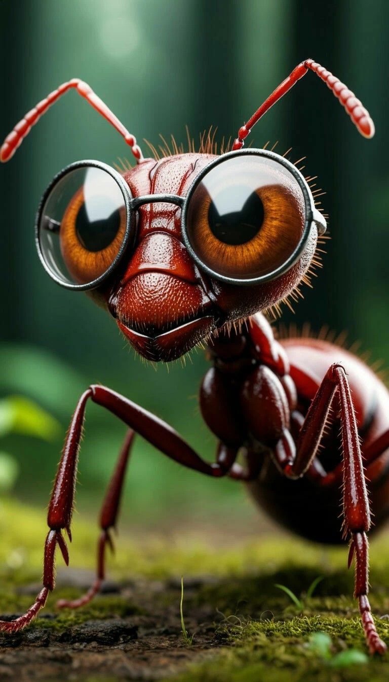 Мультяшный красный муравей в очках на зелёном фоне