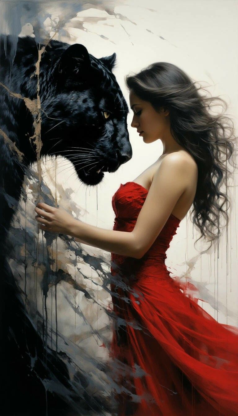 Девушка в красном платье стоит лицом к черной пантере