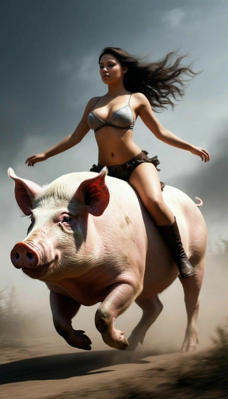 Женщина в бикини верхом на свинье, на открытом воздухе