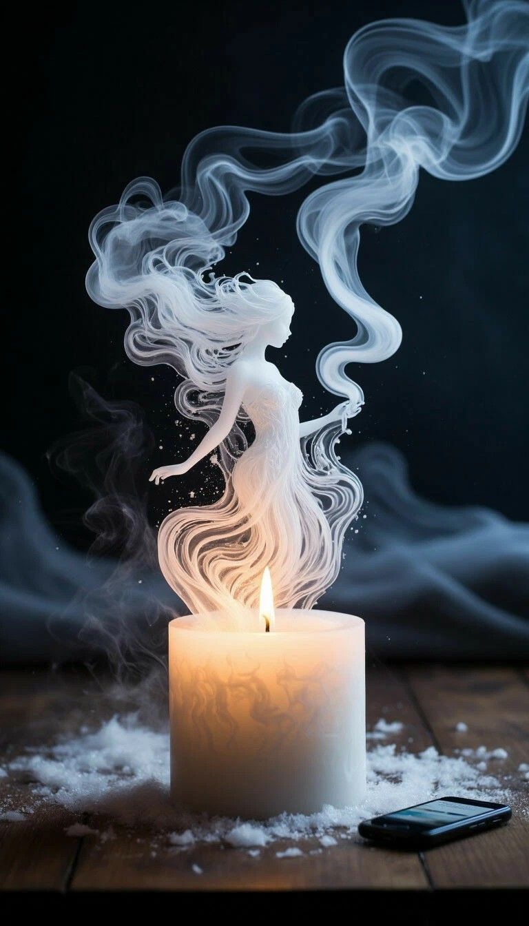 Свеча с дымом в форме женской фигуры на темном фоне.
