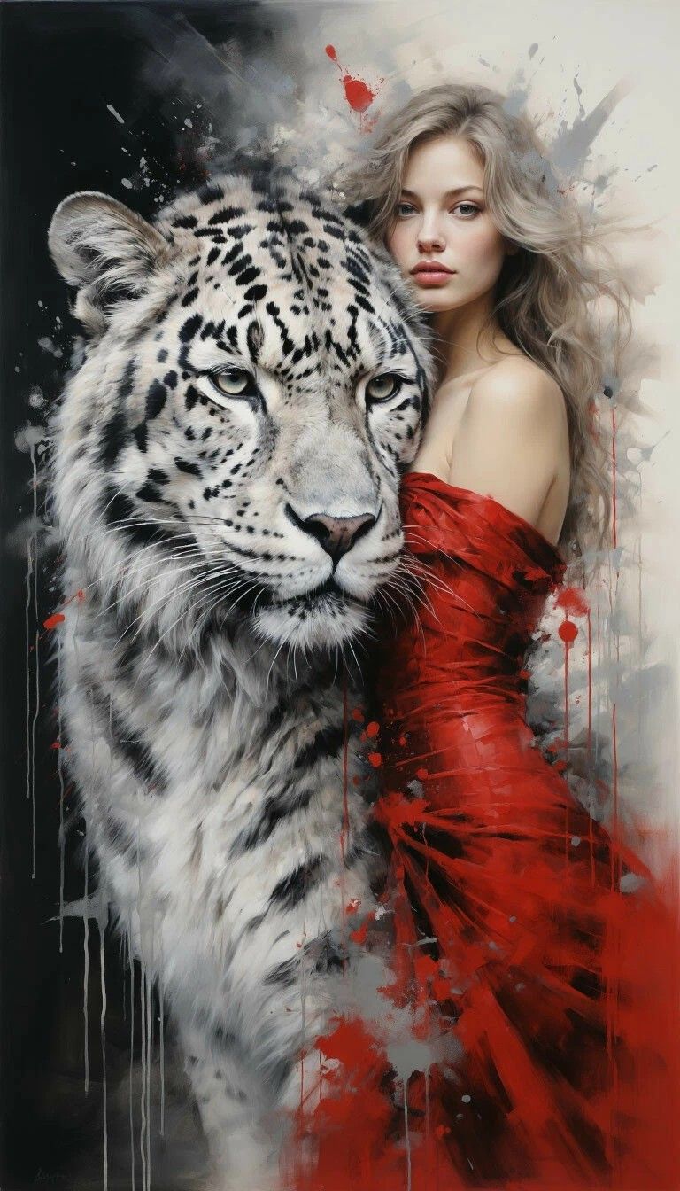 Женщина в красном наряде рядом с белым тигром