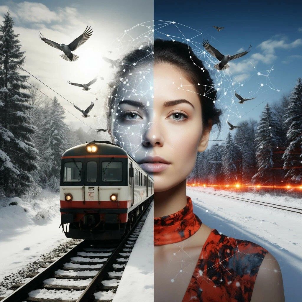 Разделённый кадр: слева поезд в зимнем лесу, справа лицо женщины с сеточной графикой.