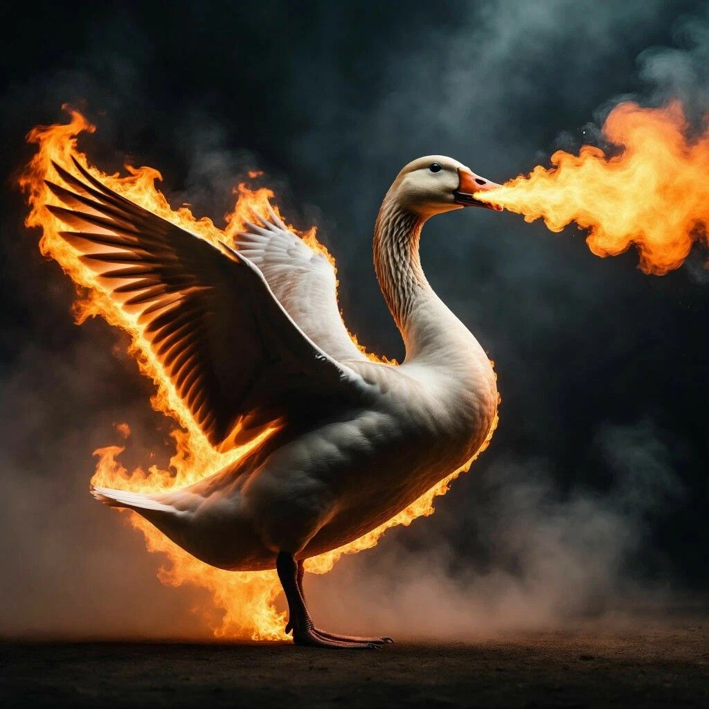Птица (гусь) дышит огнем, огненное крыло и пылкое небо вокруг.
