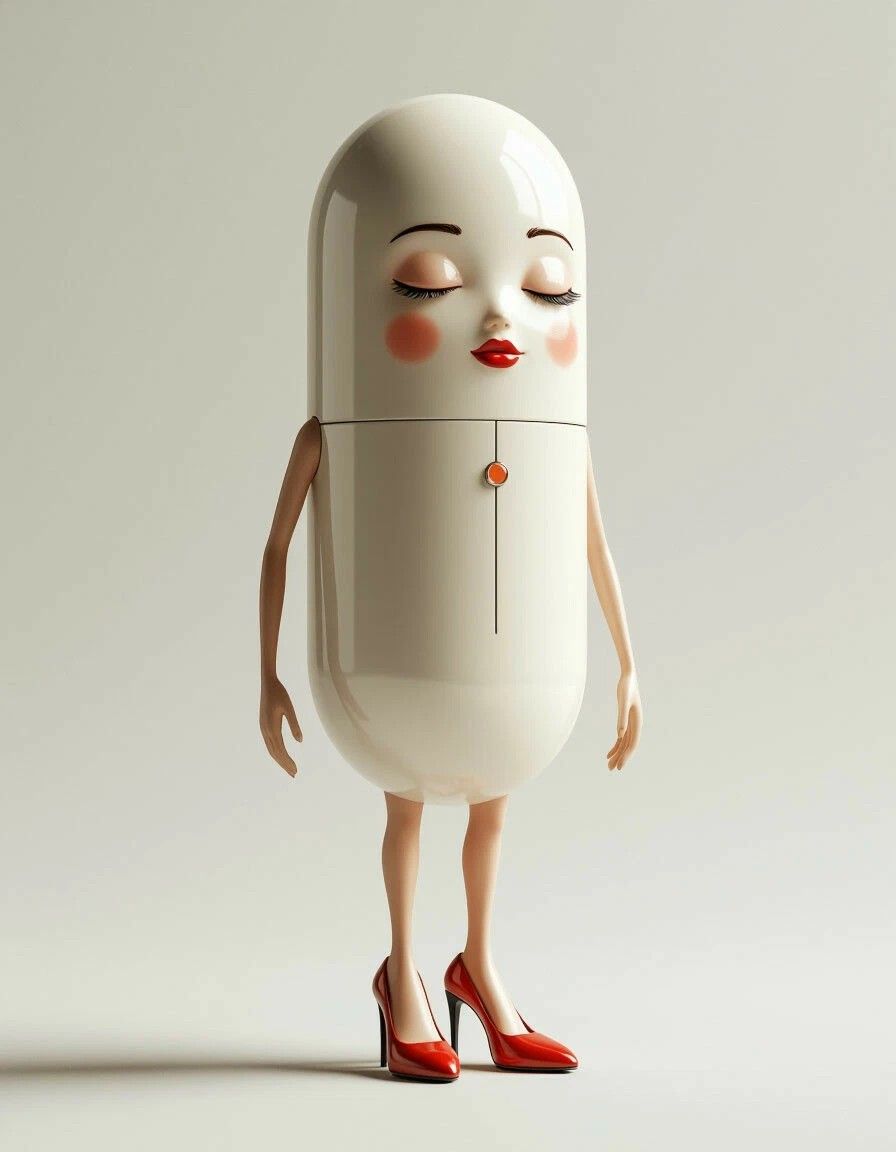 Антропоморфная белая капсула в красных туфлях с лицом и руками.
