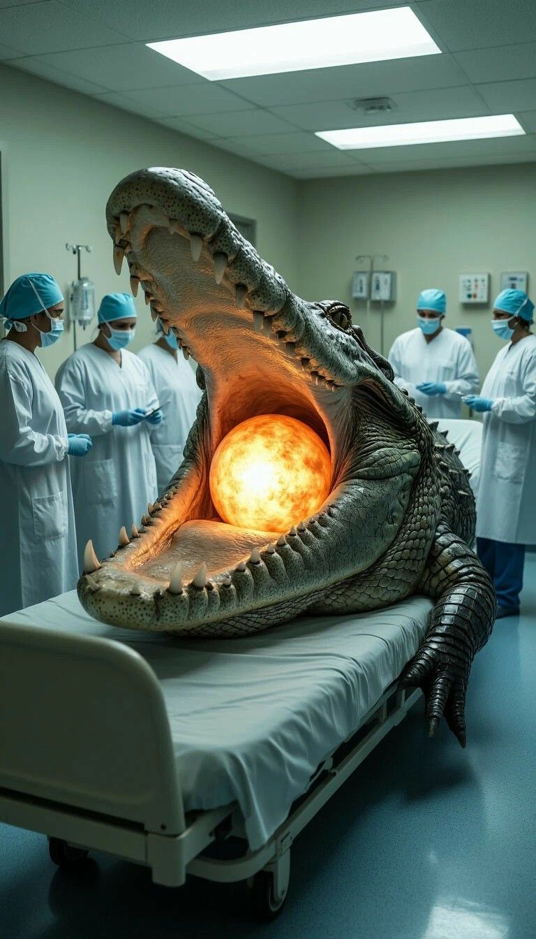 Крокодил на операционном столе с ярко светящимся шаром во рту; медики в стерильной комнате вокруг