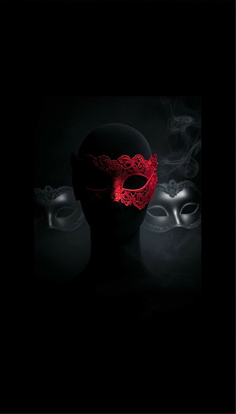 Темная композиция с двумя масками-аватарами, одна красная на переднем плане.