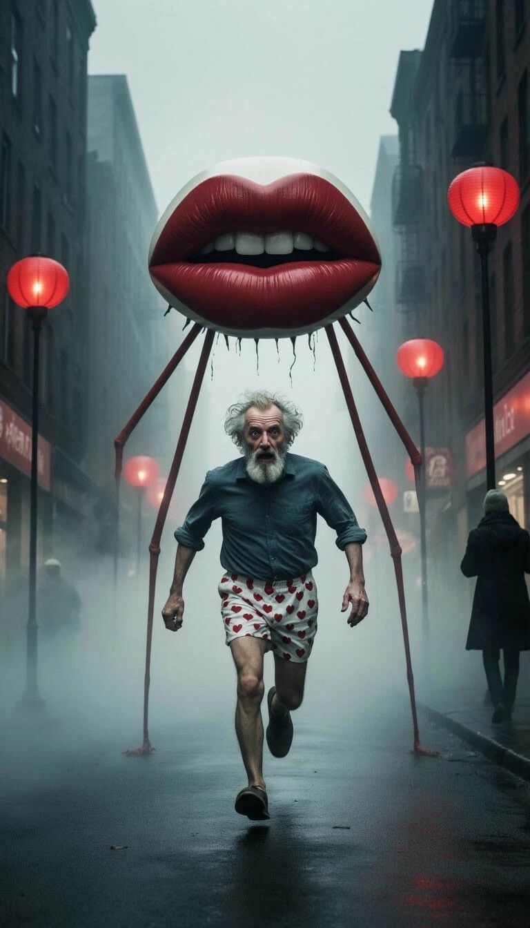 Сюрреалистическая сцена: мужчина бежит по улице, за ним летающая голова с губами и длинными ногами.
