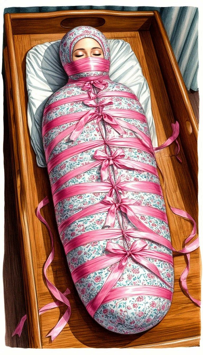 Человек в гробу обернут в розовые ленты, выглядящий как мумия.