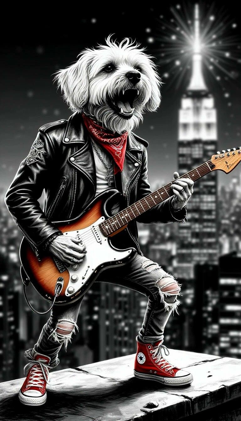 Коньик гитарист-собака в городском фоне на крыше