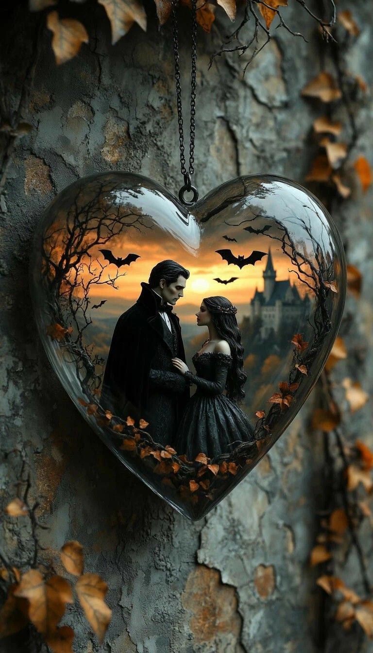 Сердечный кулон с парой в готическом стиле на фоне заката и летучих мыш.