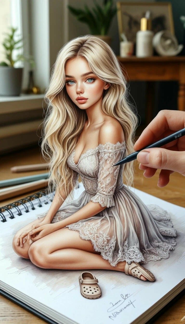 Иллюстративная картинка девушки в кружевном платье, художник рисует карандашом на большом развороте.