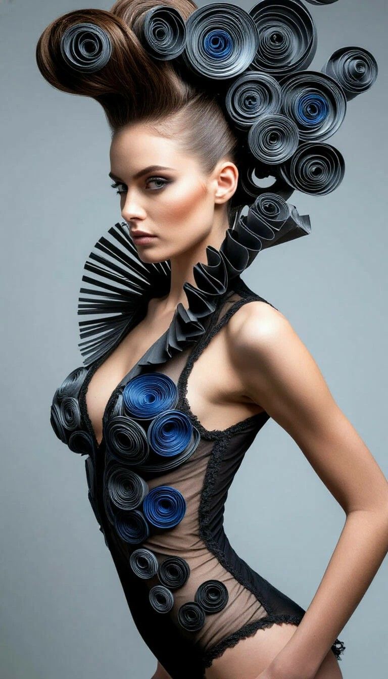Элегантная модель в haute-fashion образе из свёрнутых бумажных элементов