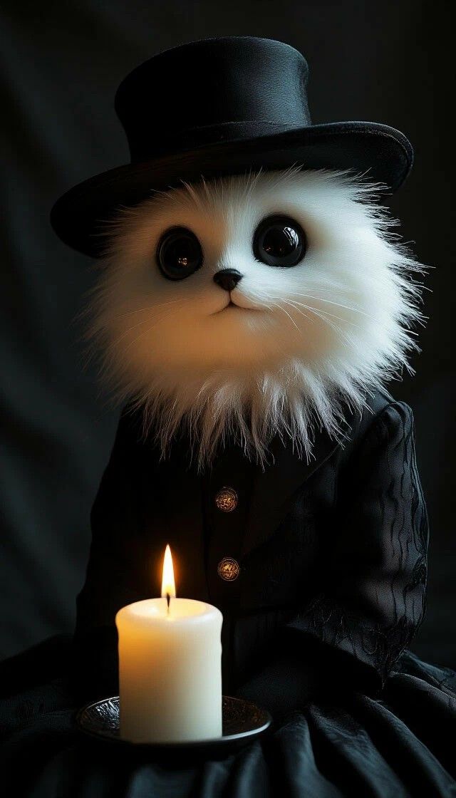 Милый пушистый кот в цилиндре держит свечу.