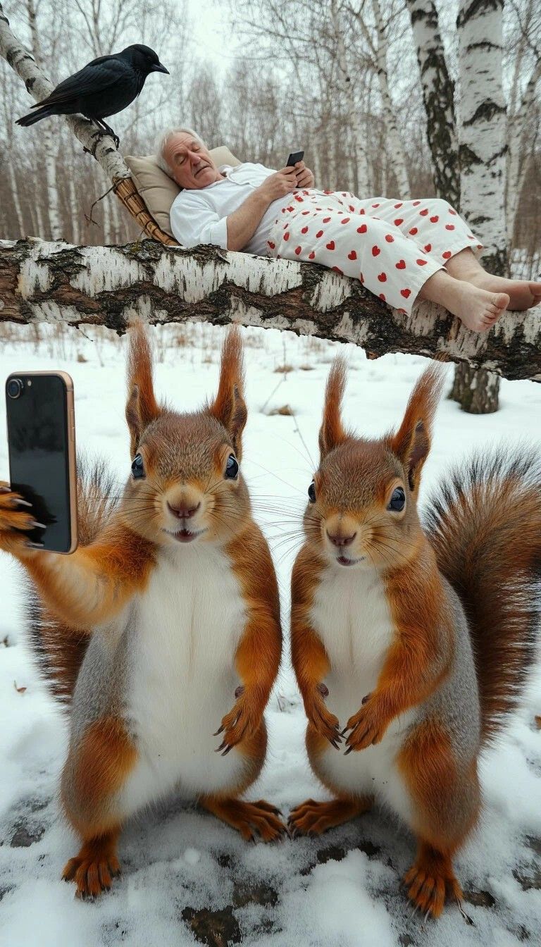 Снег, две белки позируют для селфи на фоне бабушки, лежащей на ветке с телефоном.