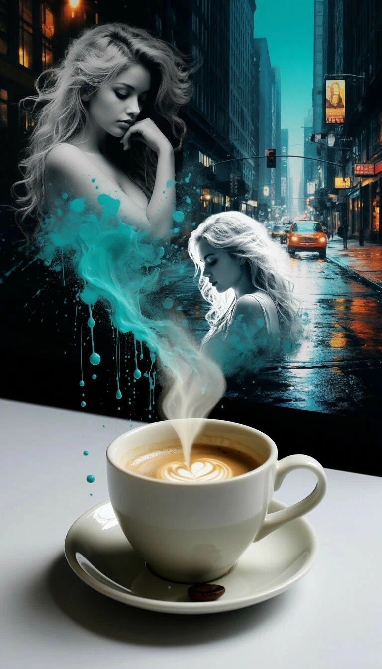 Две женщины на фоне городского пейзажа и чашка кофе с паром на переднем плане