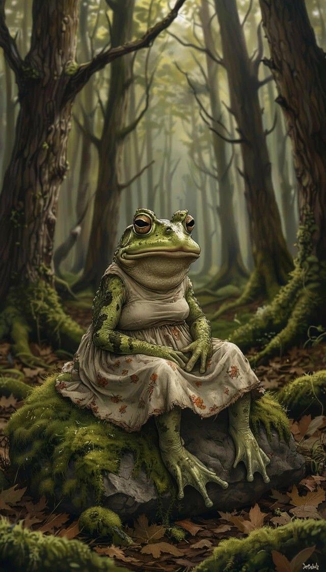 Лягушка в платье сидит на камне в лесу.
