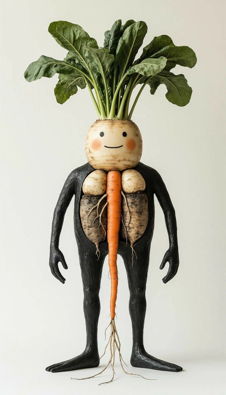 Фигура человека с головой из редьки и зеленью на голове и овощами вместо туловища — креативная композиция.