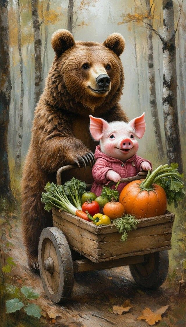 Иллюстрация медведя и поросенка в телеге с овощами в лесу.