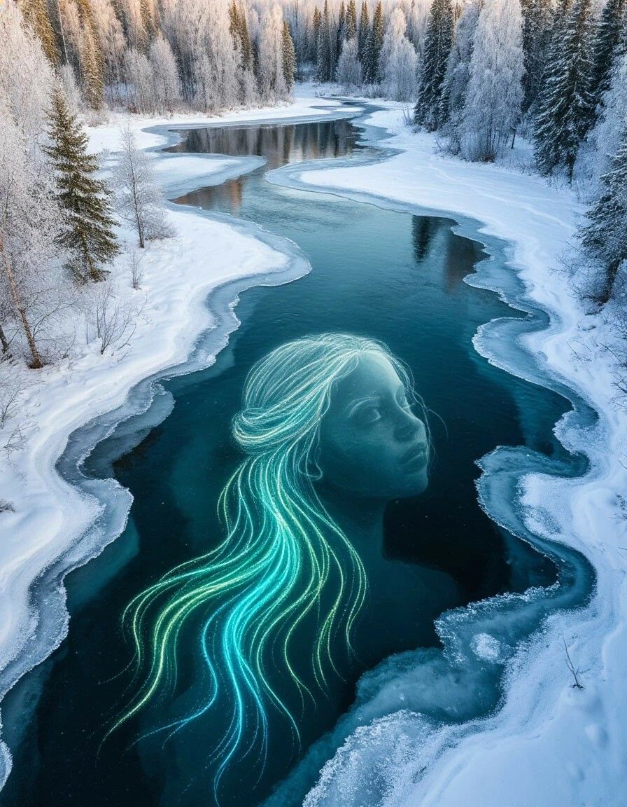 Зимний замерзший ручей с прозрачной водой; внутри silhouette женщины с светящимися волосами.
