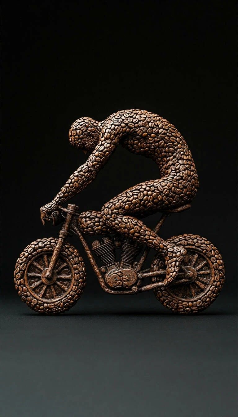Скульптура в виде человека, полностью покрытого кофейными зёрнами, сидит на мотоцикле.