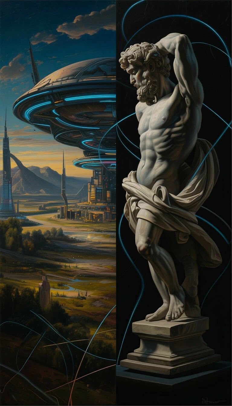Склеенная композиция: футуристический город слева и классическая статуя Давида справа, окружённые неоновыми линиями.