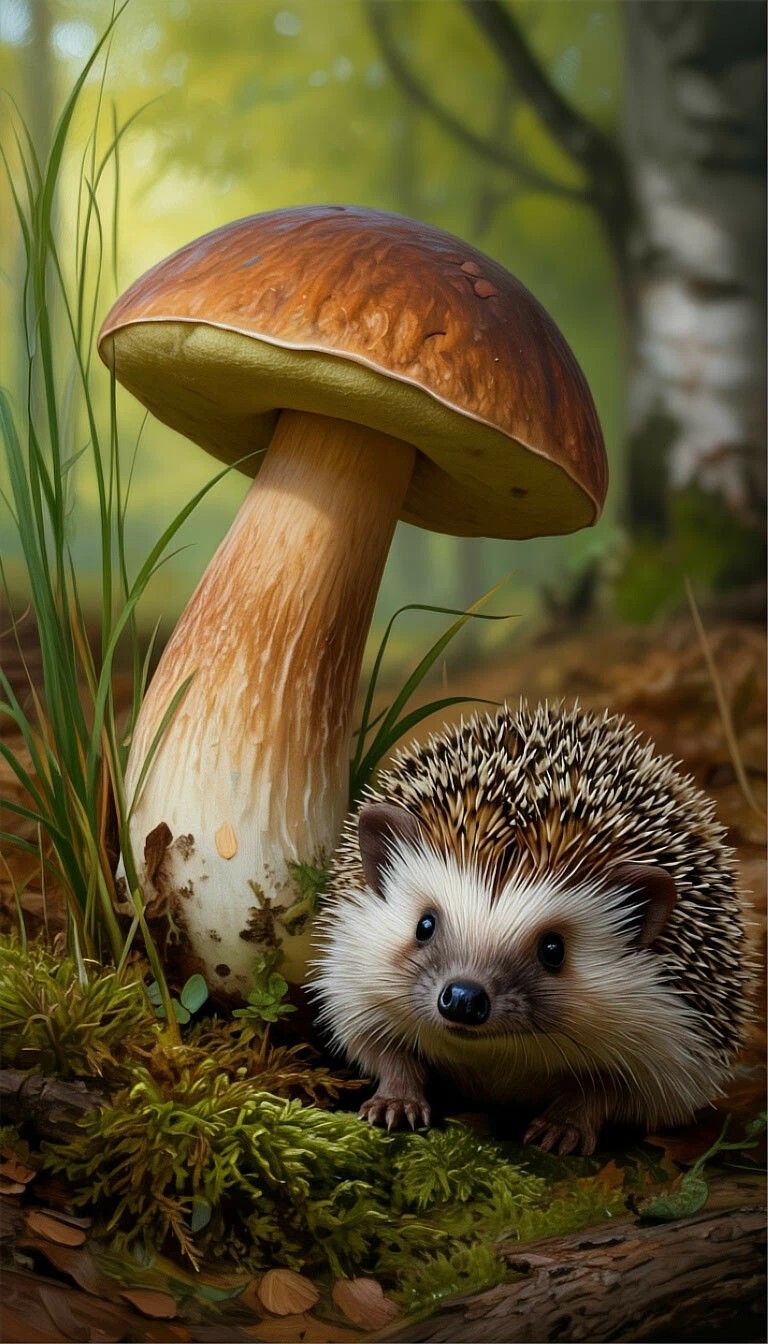 Гриб-маслёнок рядом с милым иглистым суриком в лесу