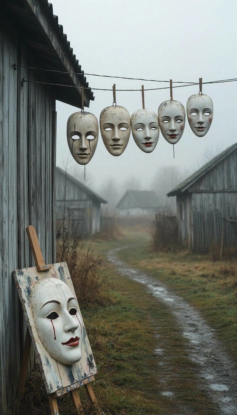 Мрачные маски на верёвке над дорожкой в деревенском тупике, туман и унылый пейзаж.