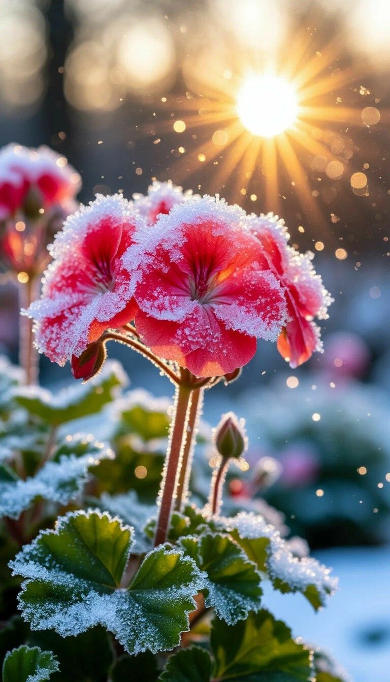 Цветок с инеем на фоне яркого закатного солнца