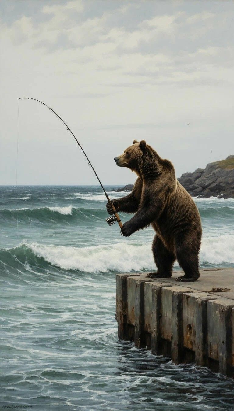 Медведь ловит рыбу на пирсе у моря