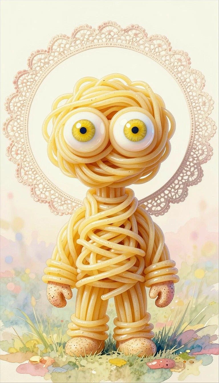 Скульптура из спагетти в виде маленького человечка с глазами