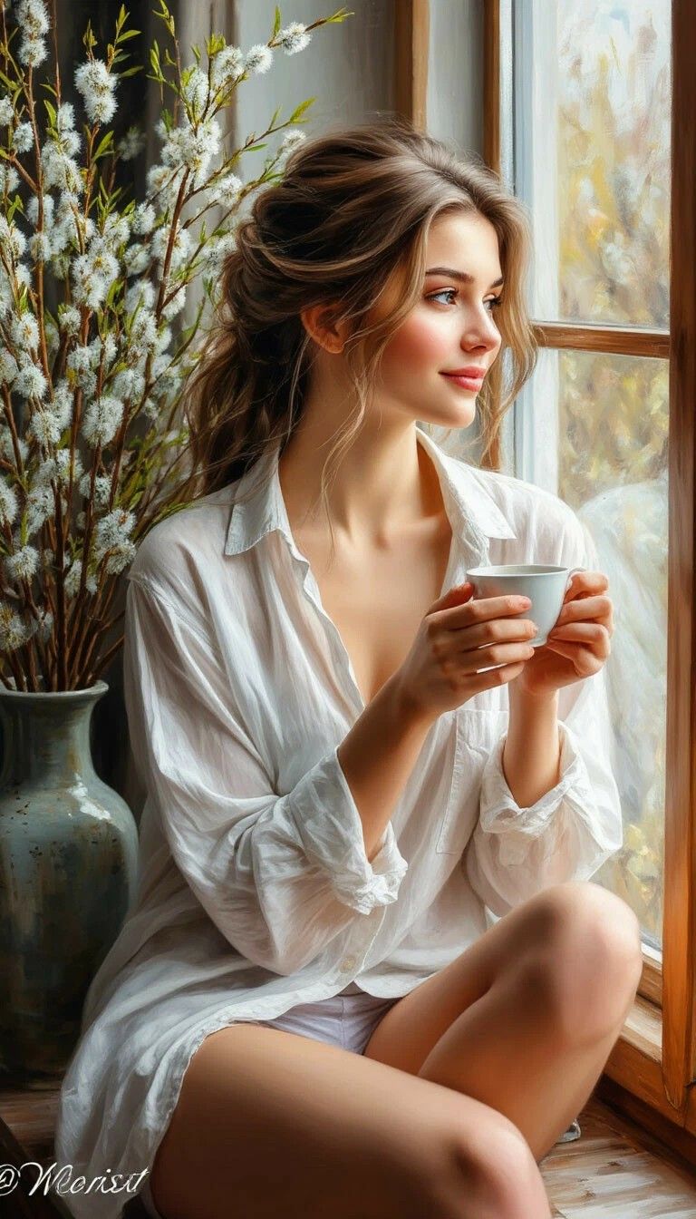 Молодая девушка сидит у окна с чашкой чая/коfе.