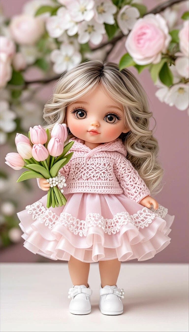 Кукла в розовом платье с букетом тюльпанов на фоне цветов.