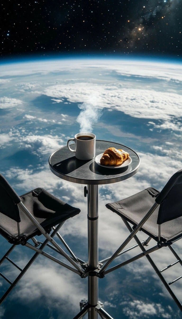 Столик с кофе и круассаном на фоне Земли и космоса, две раскладные стулья.
