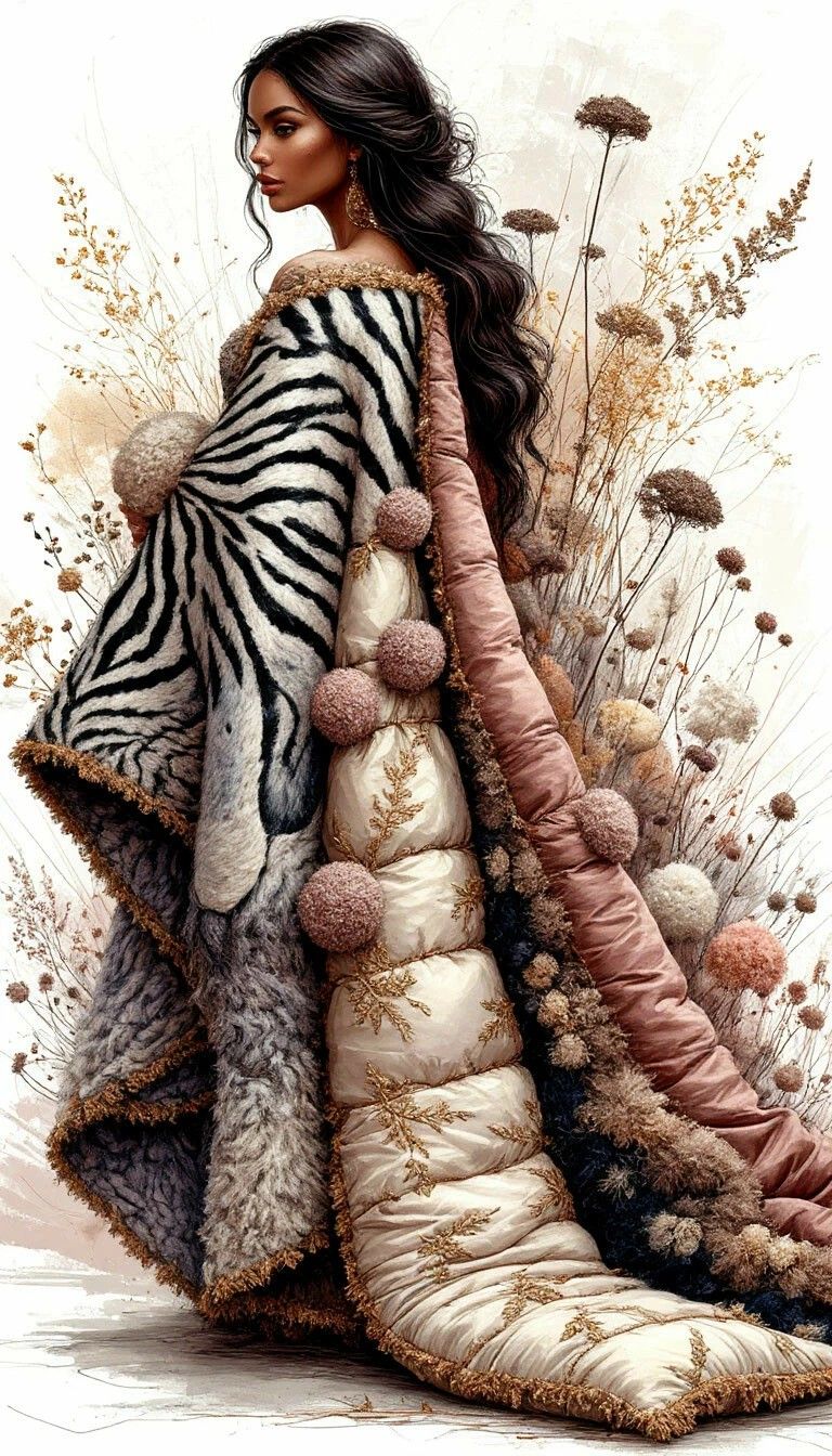 Элегантное женское пальто с зебровым узором и меховыми деталями на фоне сухих растений.