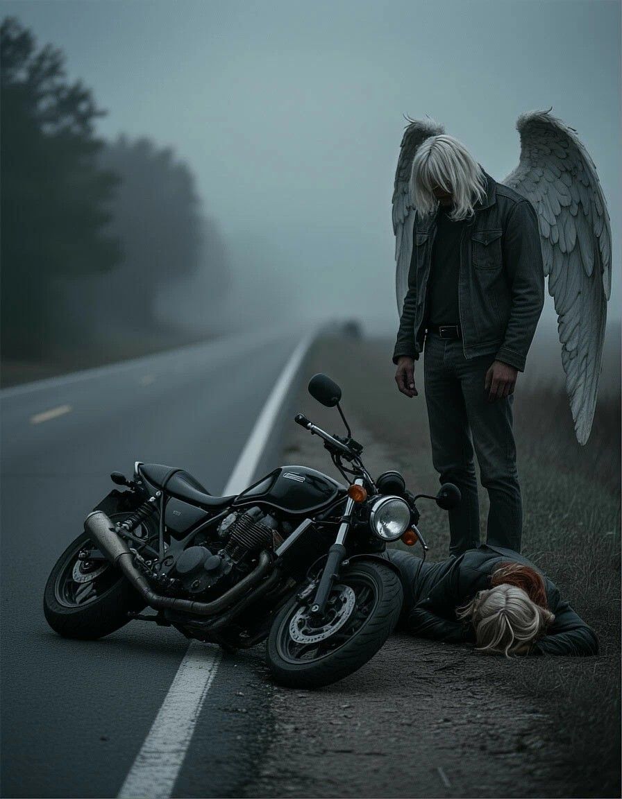Ангел с крыльями стоит над пострадавшим возле упавшего мотоцикла на пустой дороге.