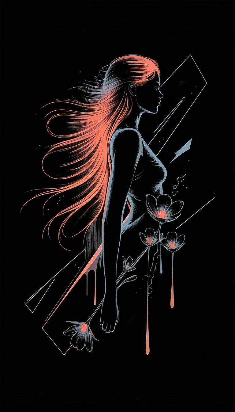 Эскизная иллюстрация девушки с длинными красными волосами на фоне геометрических форм и цветов