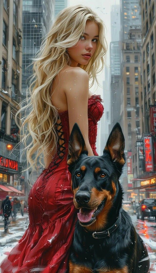 Девушка в красном платье и большая собака на мокрой городской улице с небоскребами.