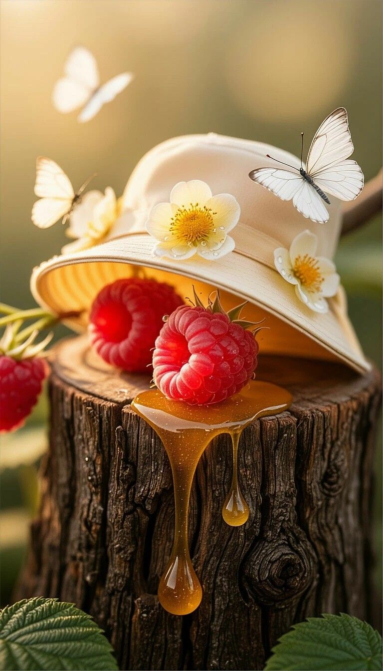 Весенний натюрморт: шляпка с цветами, ягоды и мед на пне под летающими бабочками