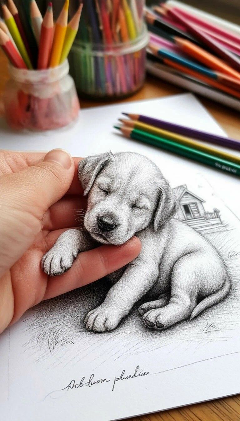 Рисованный щенок на листе бумаги, нежно прижавшийся к пальцу; на фоне карандаши и цветные карандаши.